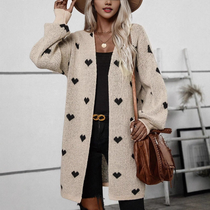 Damen Strickjacke Herzmuster Lässig Beige