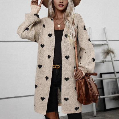 Damen Strickjacke Herzmuster Lässig Beige