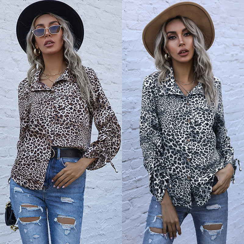 Damen Bluse Leopardenmuster Knopfleiste Elegante Bluse