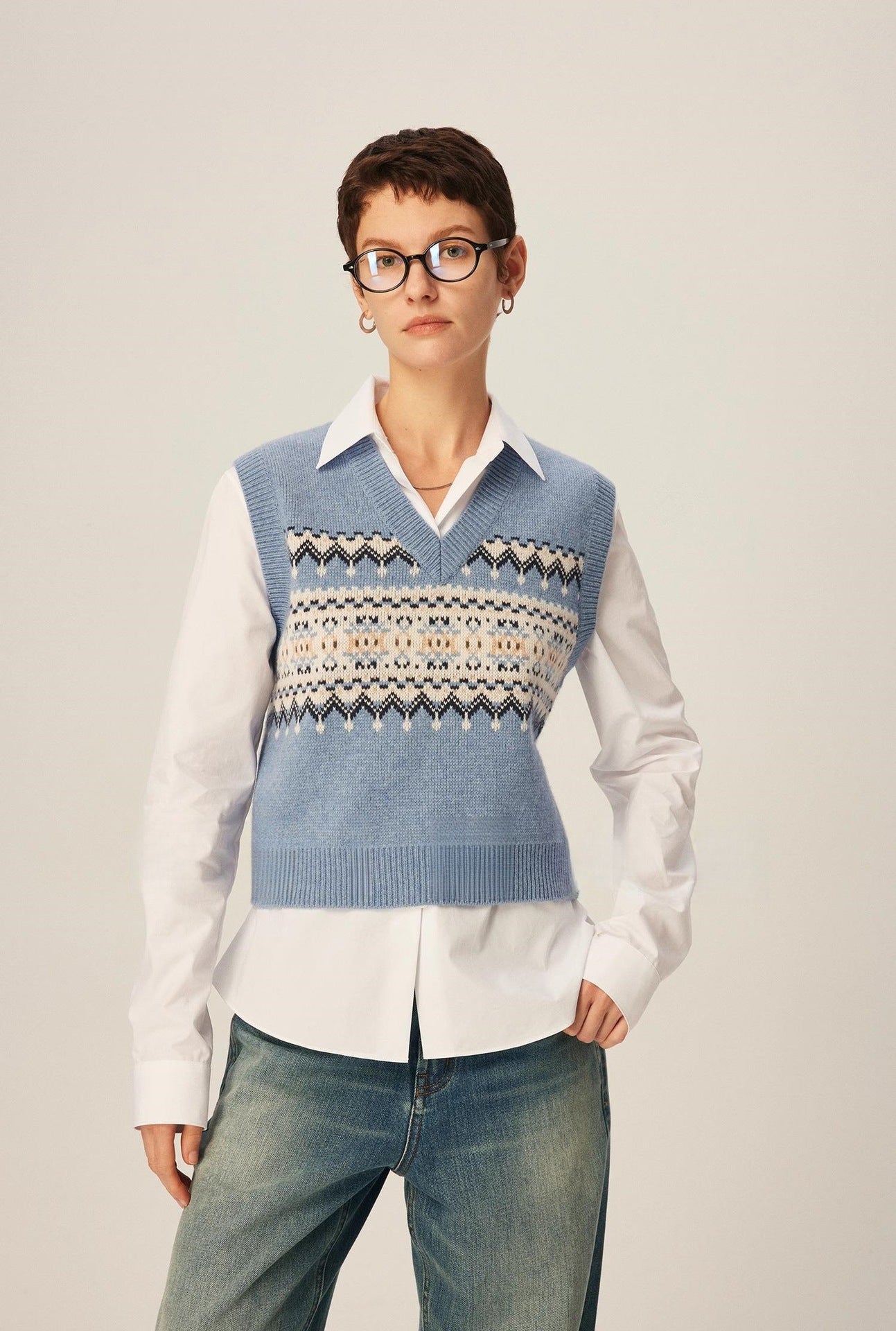 Damen Strickpullover V-Ausschnitt Geometrisches Muster Norvielle