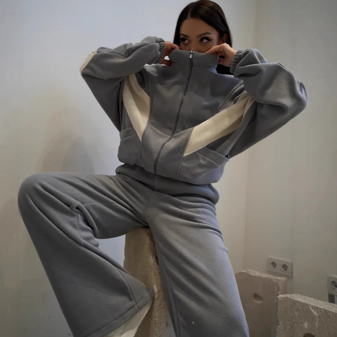 Damen Sportliches Fleece-Set mit hohem Kragen und weiten Hosen - Norvielle