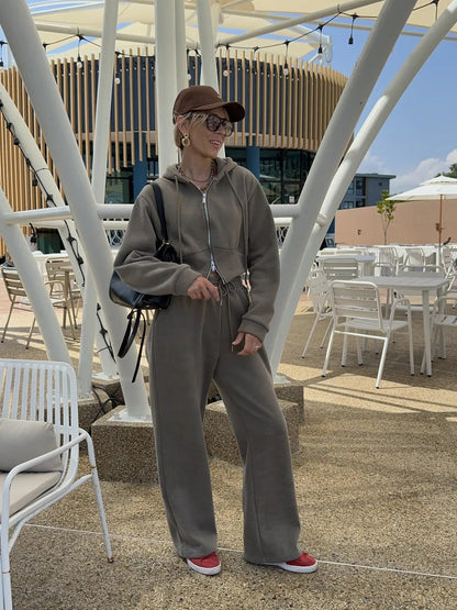 Damen Fleece-Loungewear-Set mit Kapuze und verstellbarem Bund