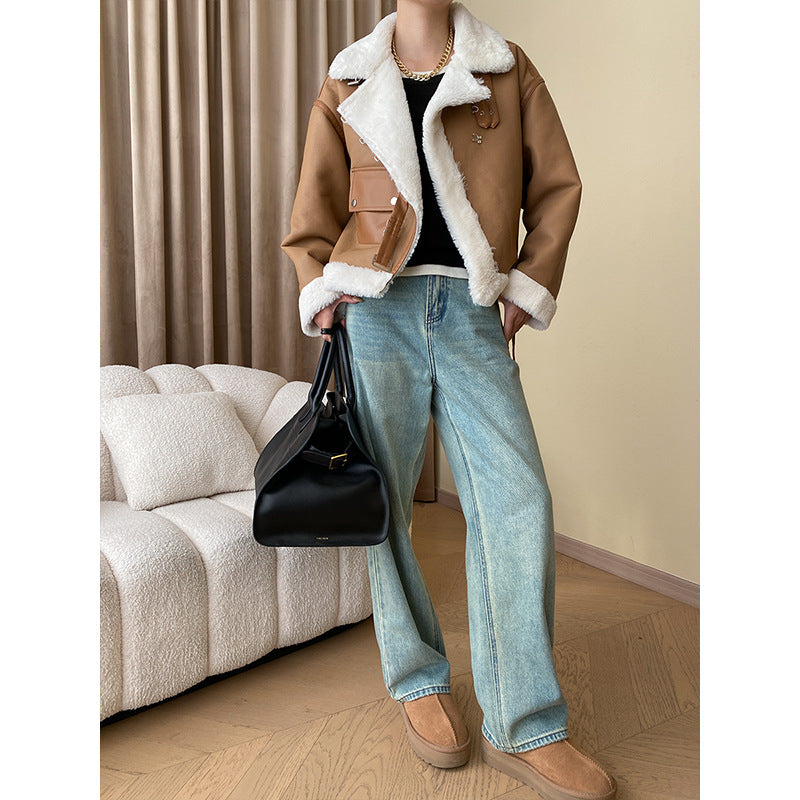 Damen Lammfelljacke Cropped Schnitt mit Druckknöpfen