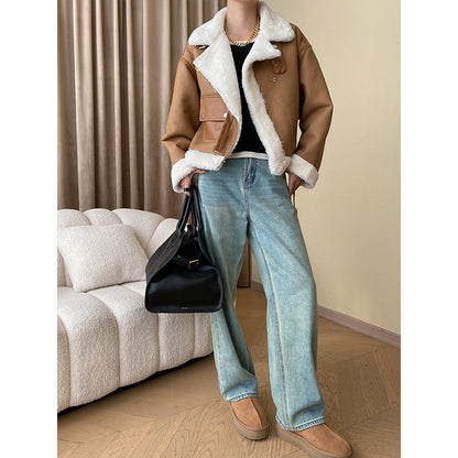 Damen Lammfelljacke Cropped Schnitt mit Druckknöpfen