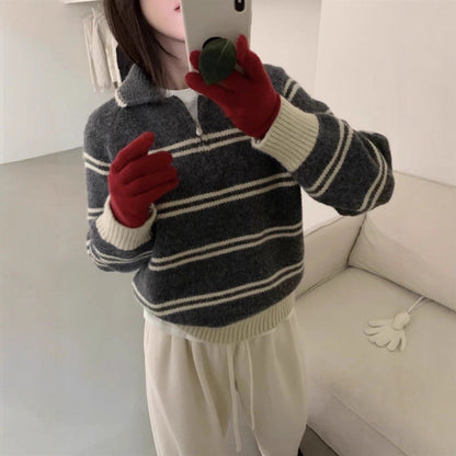 Damen Strickpullover Halbreißverschluss Gestreift Norvielle