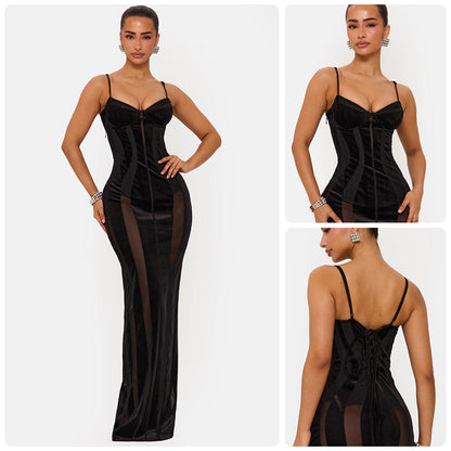 Damen Bodycon Kleid Korsett-Oberteil Transparent Schwarz - Norvielle