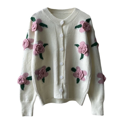 Damen Strickjacke Blumenmuster Knopfverschluss Norvielle
