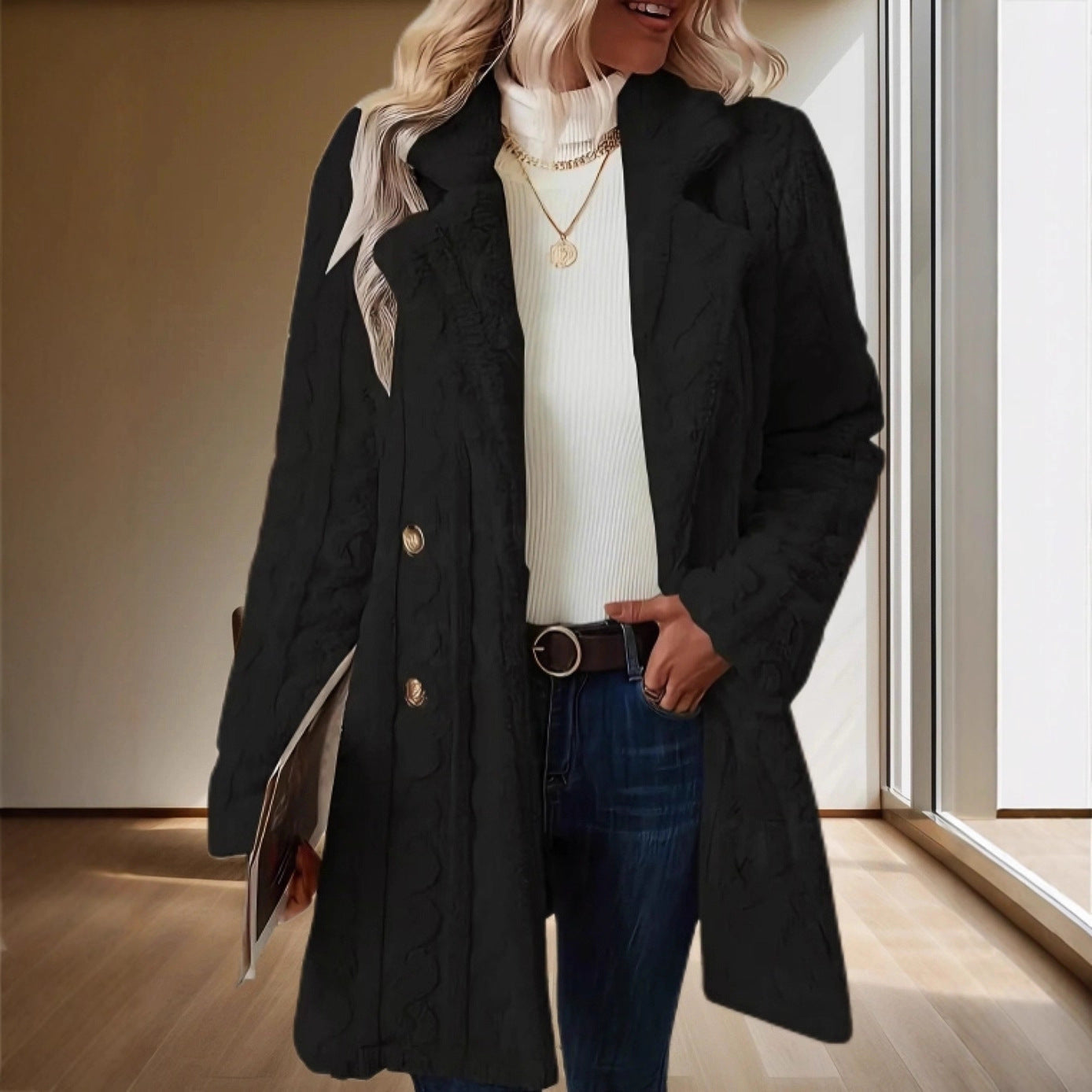 Damen Strickmantel Elegant Knöpfe Beige - Norvielle