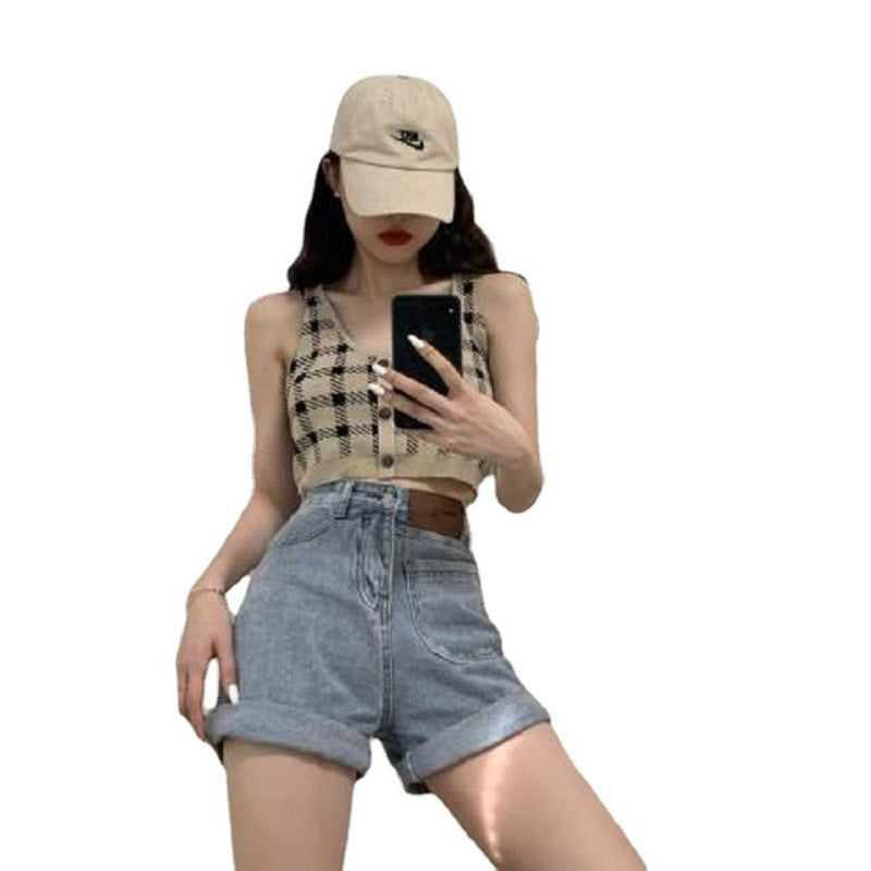 Damen Cropped Karomuster Knöpfe Norvielle