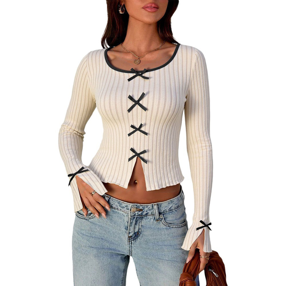 Damen Langarmshirt Dekoratives Schleifchen-Details Norvielle