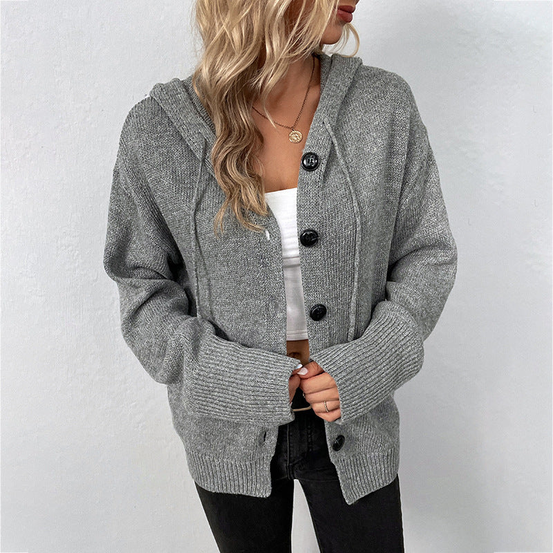 Damen Strickjacke Kapuze Grobstrick Beige