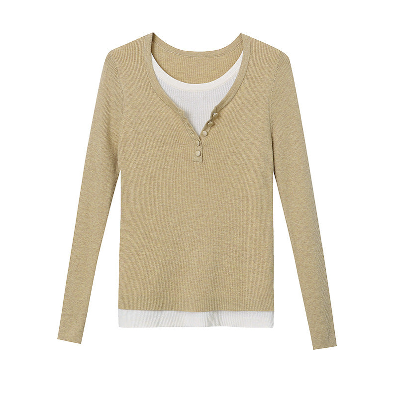 Damen Langarmshirt V-Ausschnitt Knöpfe Baumwolle Weiß