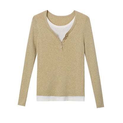 Damen Langarmshirt V-Ausschnitt Knöpfe Baumwolle Weiß