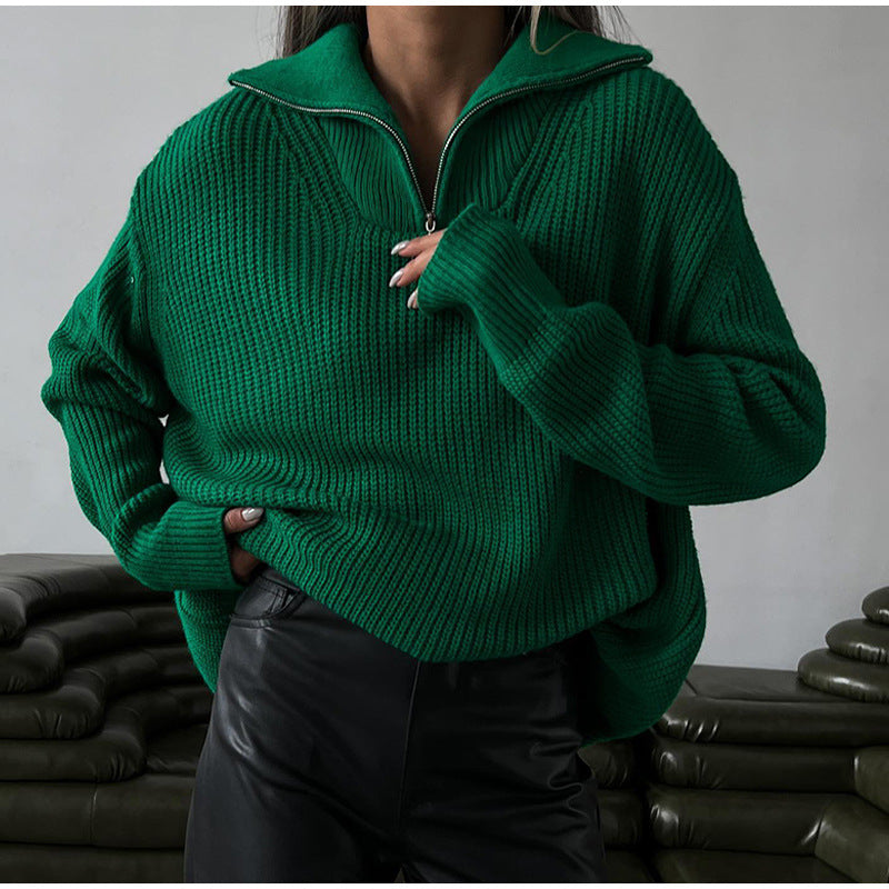 Damen Oversized Strickpullover Stehkragen Reißverschluss Norvielle