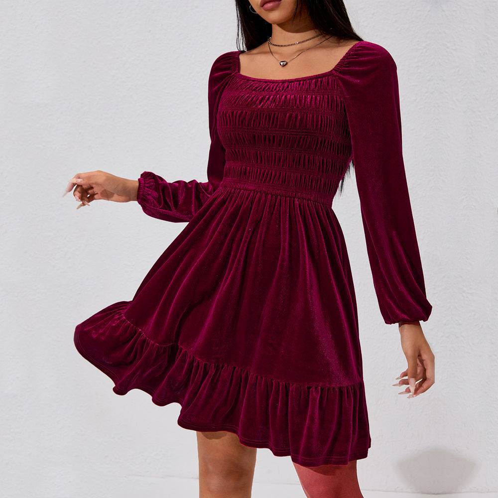 Damen Minikleid Samt Rüschendetails Elastischer Bund Schwarz - Norvielle