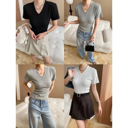 Damen V-Ausschnitt T-Shirt Rippstrick Norvielle