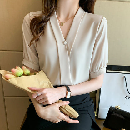 Damen Bluse V-Ausschnitt Dekorativer Knopf Norvielle - Norvielle