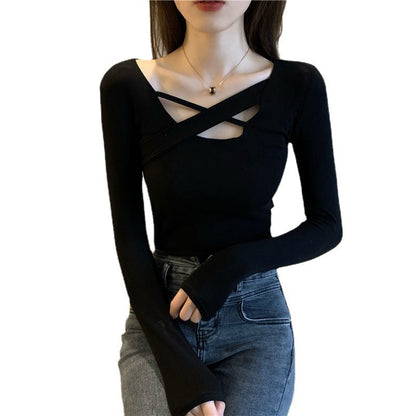 Damen Langarmbody Modernes Kreuzdesign Weiß