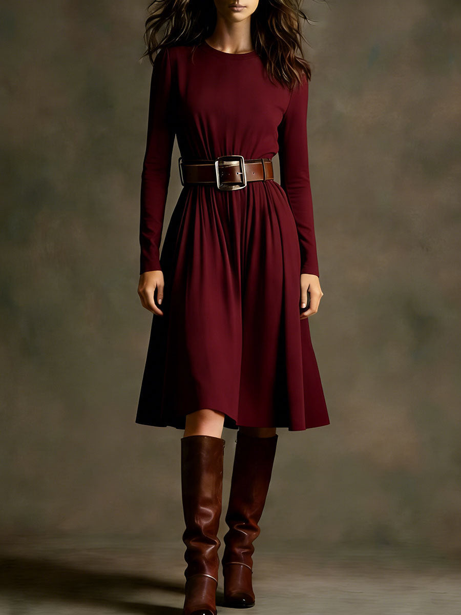 Damen Elegantes Kleid Langarm Taillengürtel Norvielle