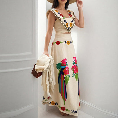 Damen Maxikleid mit Stickmuster und Volantärmeln Norvielle