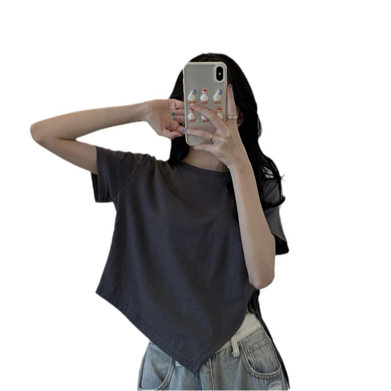 Damen Crop- Asymmetrisch Locker Baumwolle Weiß