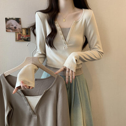 Damen Langarmshirt Rundhalsausschnitt Knopfleiste Norvielle