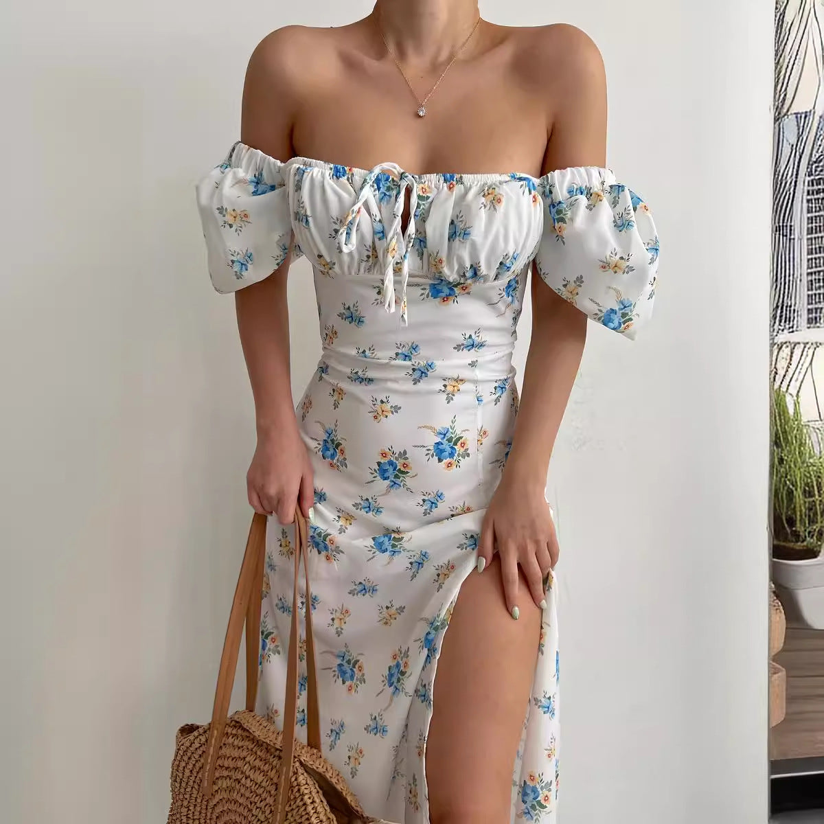 Damen Maxikleid Blütenmuster Puffärmel Hoch Beinschlitz Norvielle