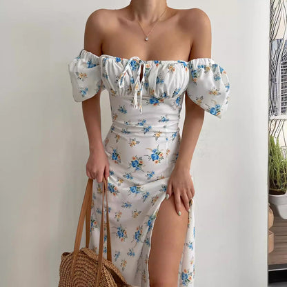 Damen Maxikleid Blütenmuster Puffärmel Hoch Beinschlitz Norvielle