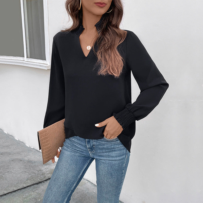 Damen Viskose Bluse mit Puffärmeln und V-Ausschnitt