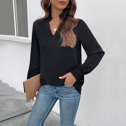 Damen Viskose Bluse mit Puffärmeln und V-Ausschnitt