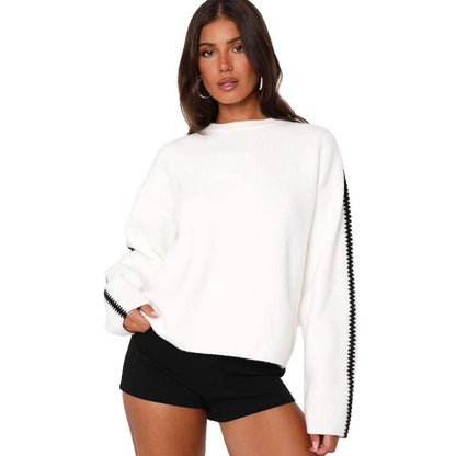 Damen Strickpullover Lässig Rippenmuster Kontrastdetails Beige