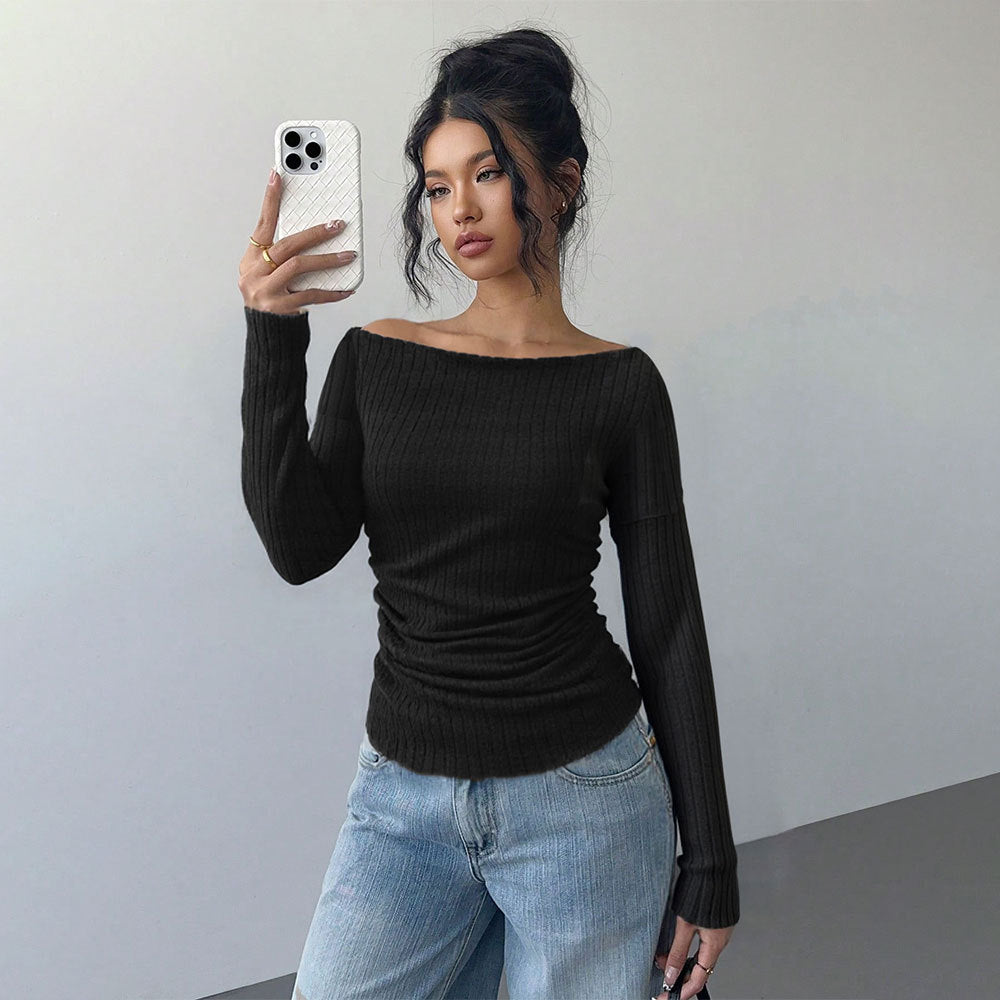 Damen Langarmshirt Schulterfrei Elegante Raffung Norvielle - Norvielle