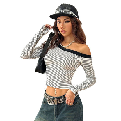 Damen Off-Shoulder Langarmshirt Gestreift Norvielle