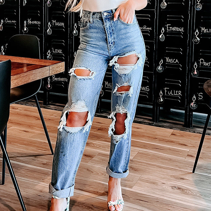 Damen Hochgeschnittene Destroyed Boyfriend Jeans - Norvielle