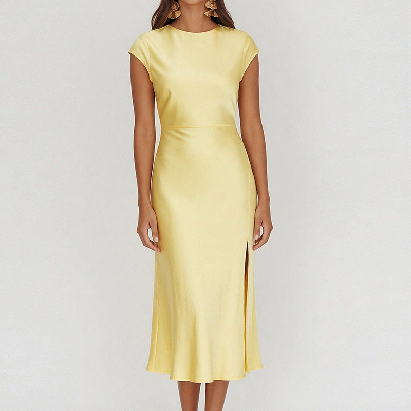Damen Elegantes Midi-Kleid Satin Stehkragen