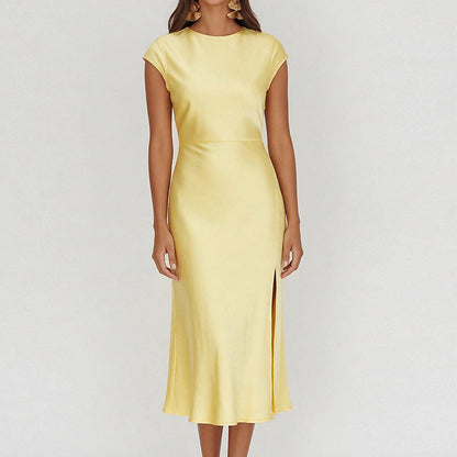 Damen Elegantes Midi-Kleid Satin Stehkragen