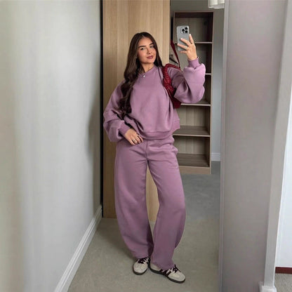 Damen Sweatshirt-Set Cropped Oberteil Weite Jogginghose Beige