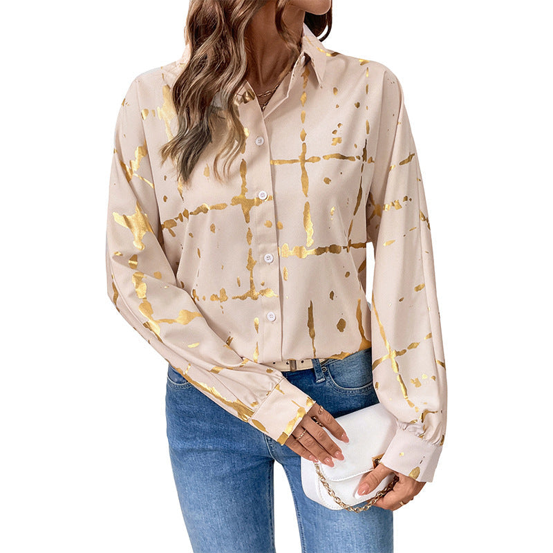 Damen Bluse Elegantes Goldmuster Langer Ärmel