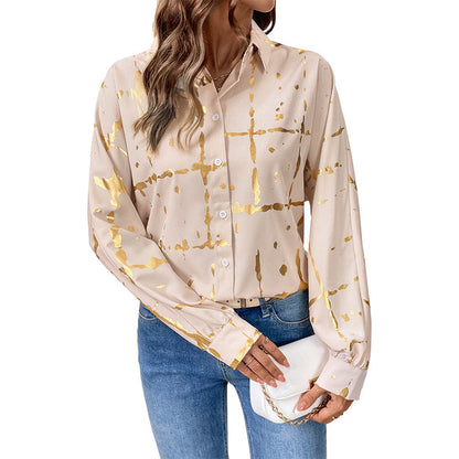 Damen Bluse Elegantes Goldmuster Langer Ärmel