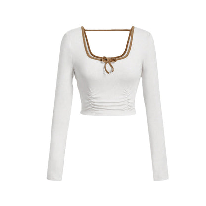 Damen Cropped Langarmshirt Quadrat-Ausschnitt Knoten-Detail Weiße
