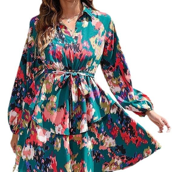 Damen Blusenkleid Floralmuster Bindegürtel Norvielle