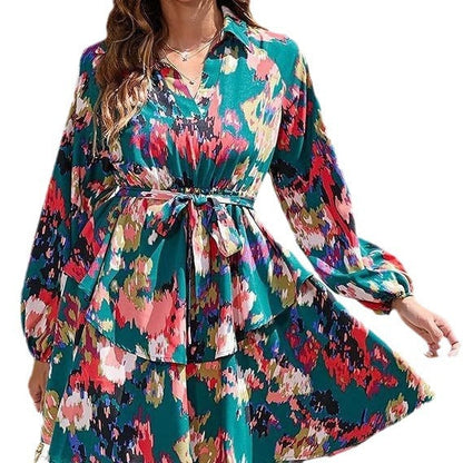 Damen Blusenkleid Floralmuster Bindegürtel Norvielle