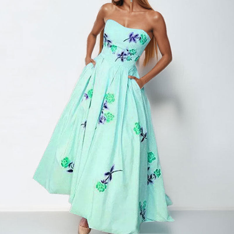 Damen Strapless Maxikleid Floralmuster Seitentaschen Norvielle