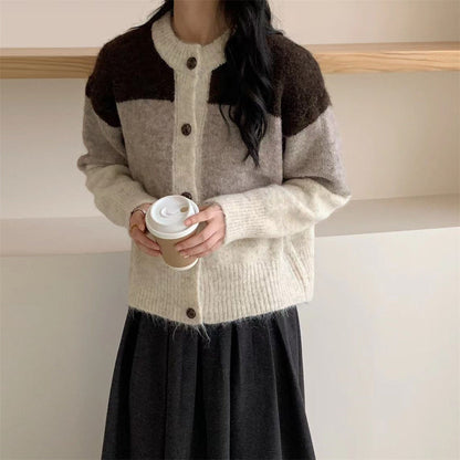 Damen Grobstrickjacke Knöpfe Farbblockdesign - Norvielle