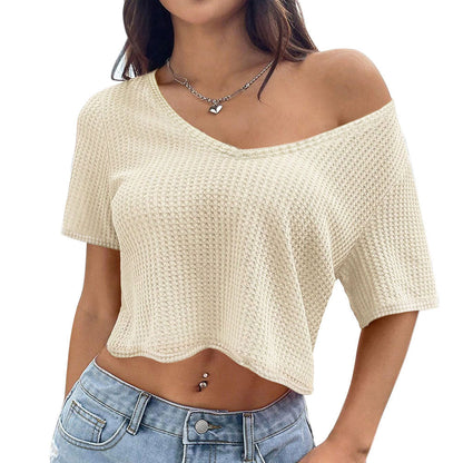 Damen Cropped T-Shirt Asymmetrischer V-Ausschnitt Luftige Struktur