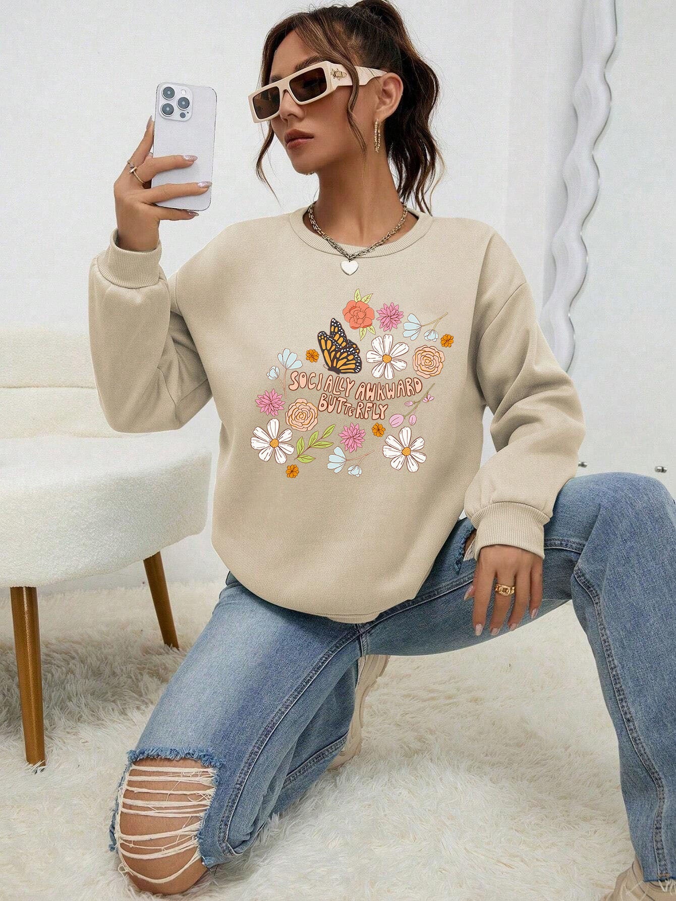 Damen Sweatshirt Floralmuster Baumwolle Weiß