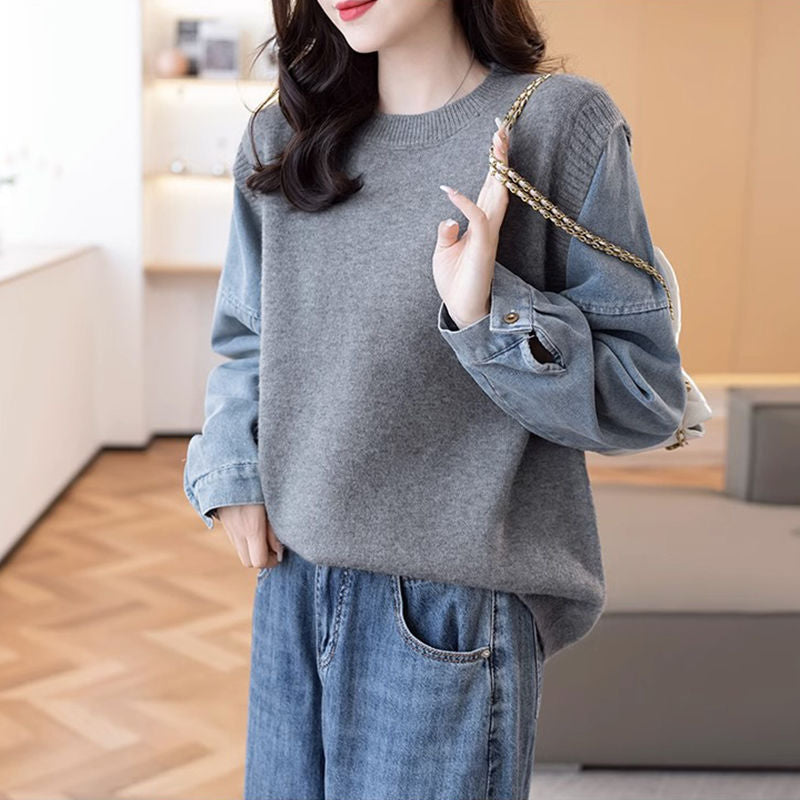 Damen Strickpullover Denim Ärmel Norvielle