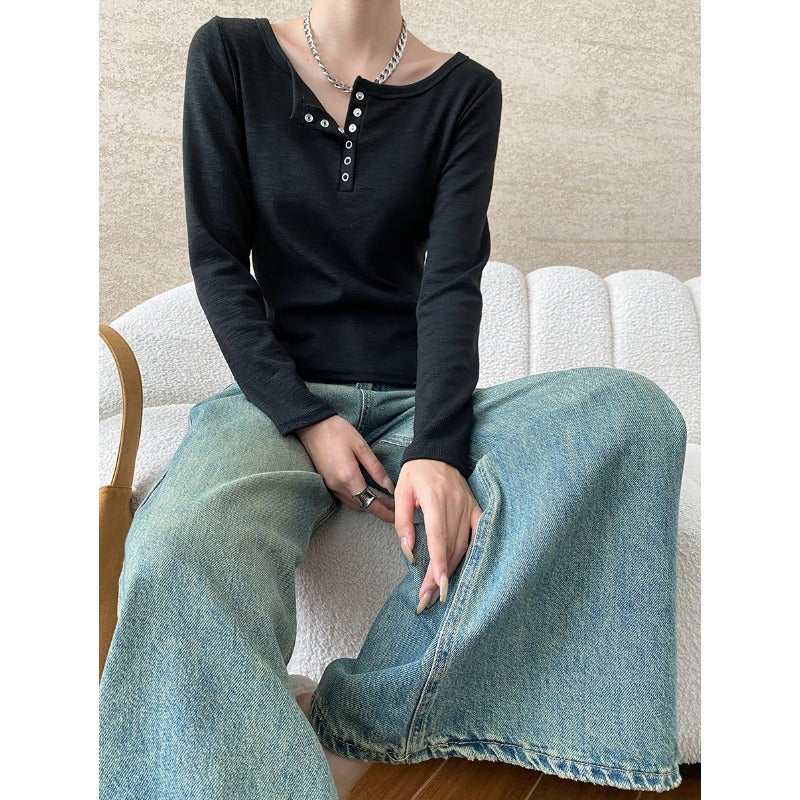 Damen Langarmshirt mit Knöpfen Norvielle
