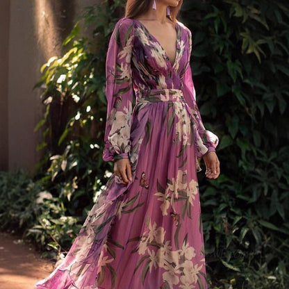 Damen Maxi-Kleid Florales Muster Voluminöse Ärmel