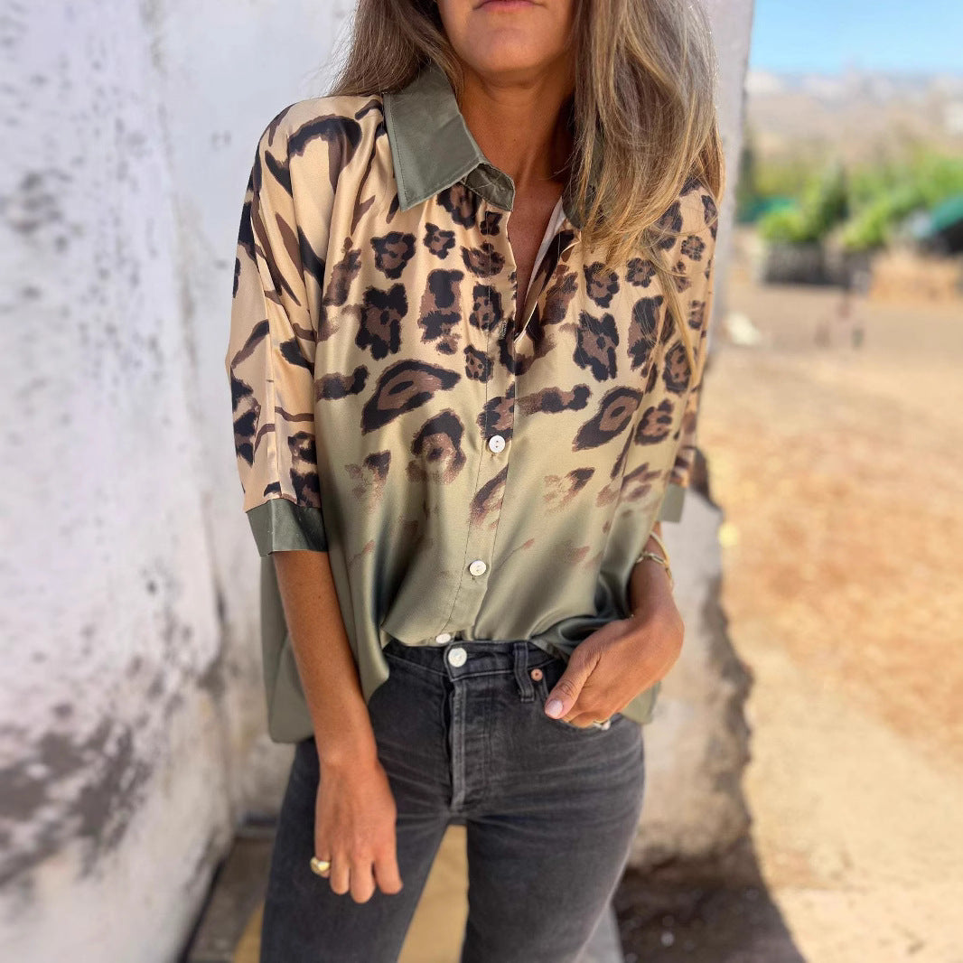 Damen Seidenbluse Leo-Muster Elegante Bluse